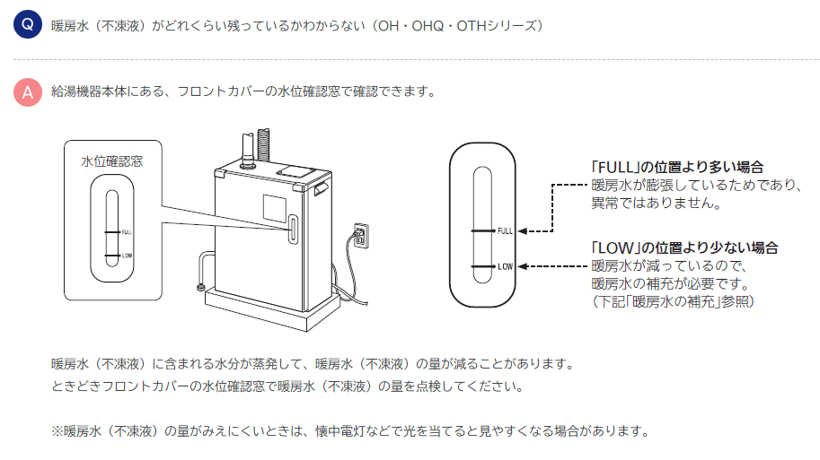 暖房水（不凍液）がどれくらい残っているかわからない